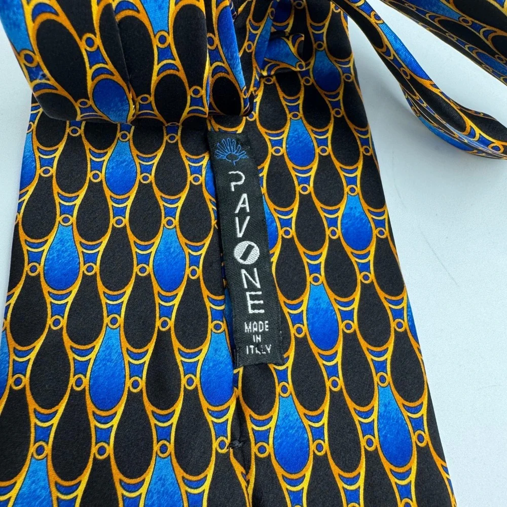 Pavone Mens Silk Tie Italy Luxury Blue‎ Gold Black Pattern Necktie Vintage